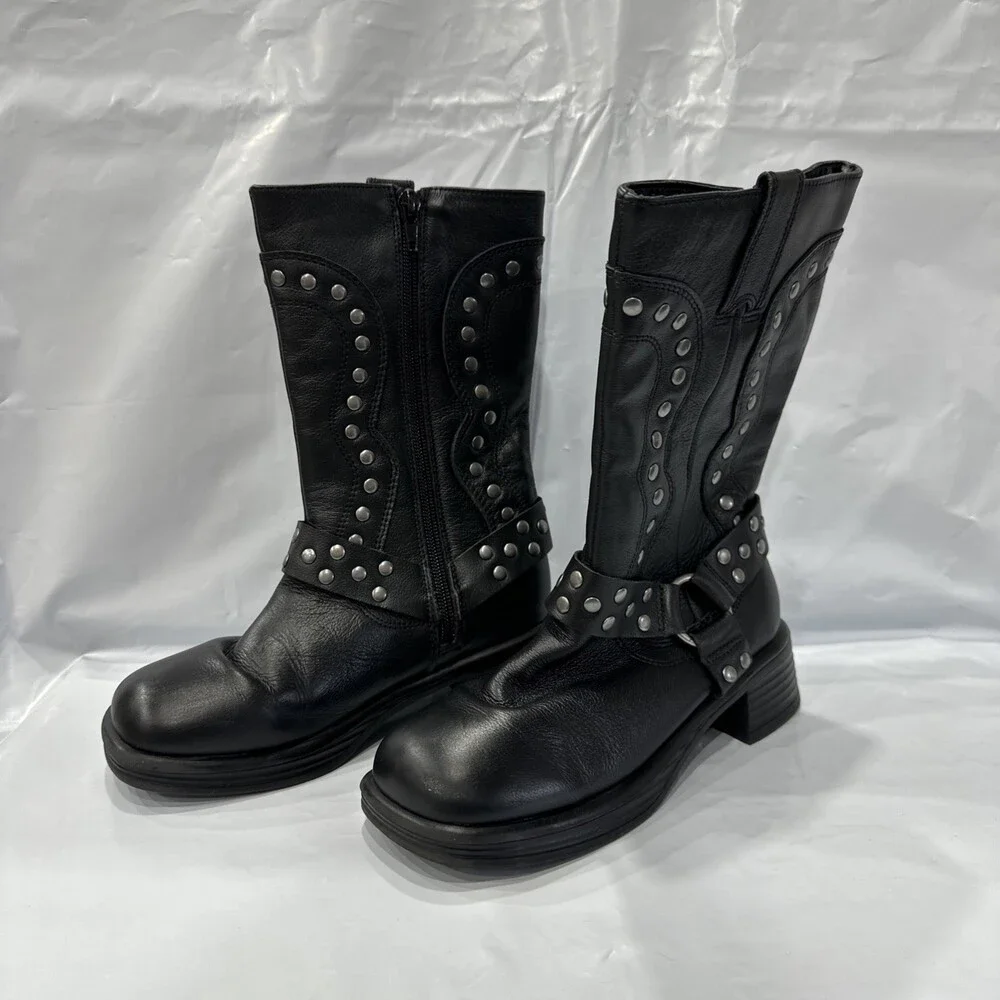 Steve Madden Valent Boots Girls 1 Black Leather Square Toe Studded Biker EBS933